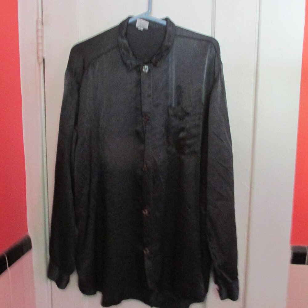 Vtg CP Shades Deep Green Shiny Satin Rayon Button Shirt Size Large